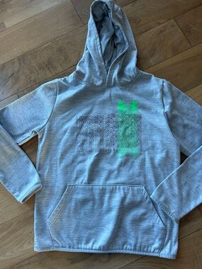 Under Armour Boy’s Light Gray Hoodie with Neon Green Logo, size L